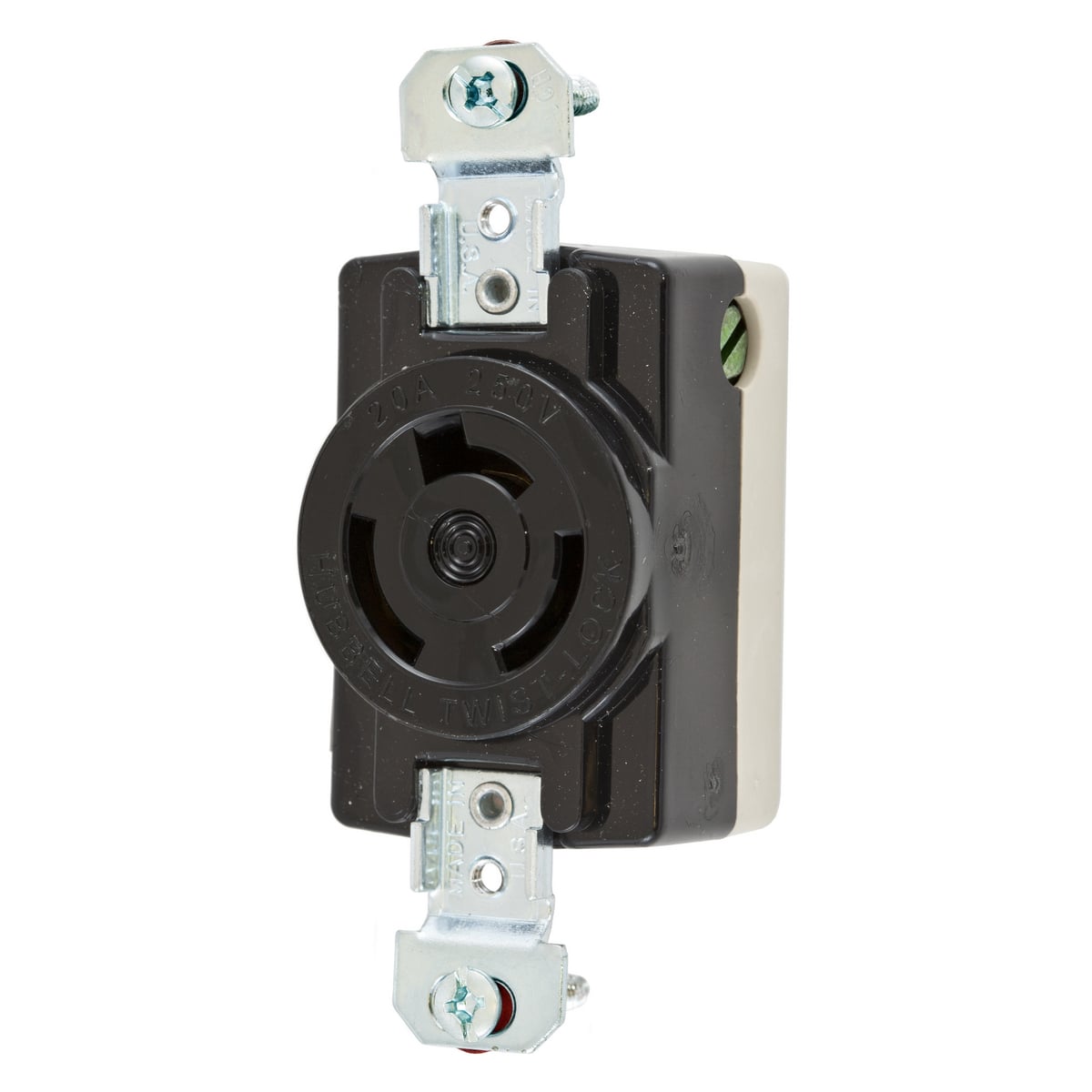 HBL7310BG 1-Phase Flush Mount Heavy Duty Grounding Standard Single Screw Mount Locking Receptacle, 250 V AC, 20 A, 2 Poles, 3 Wires, Black