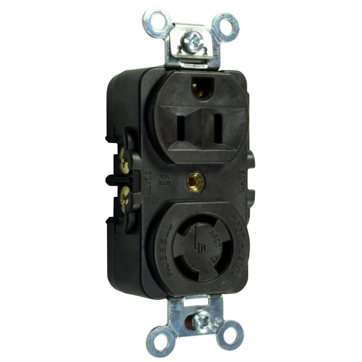 HBL7371 1-Phase 2-Feed 1-Return Combination Duplex Grounding Standard Locking Receptacle, 125/250 V, 15 A, 2 Poles, 3 Wires, Brown