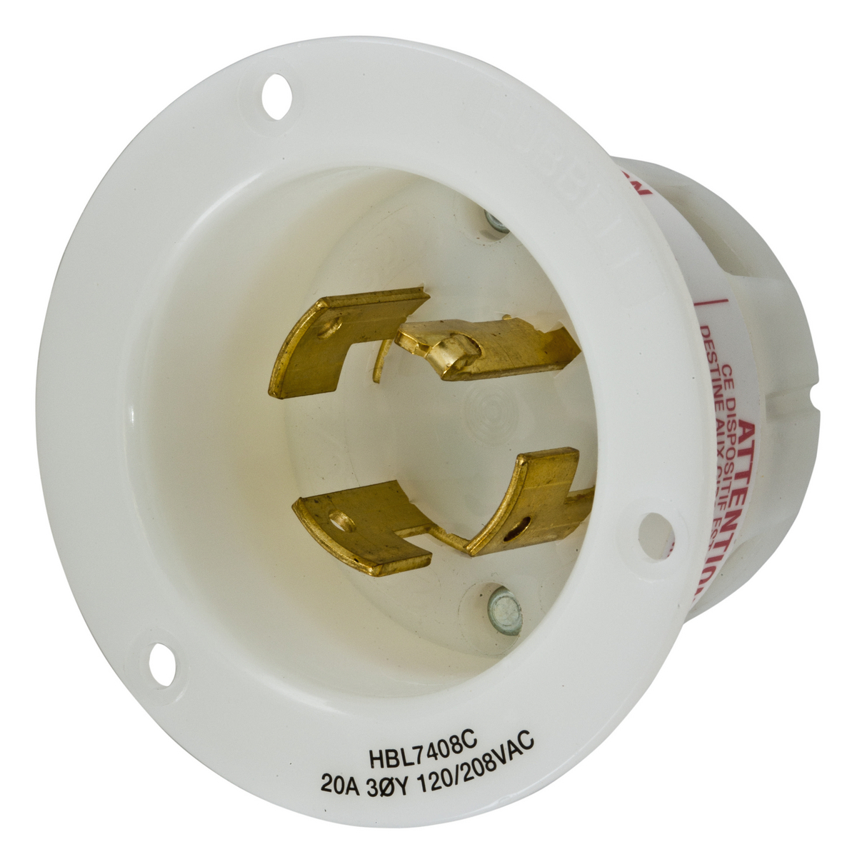 HBL7408C 3-Phase Extra Heavy Duty Non-Grounding Screw Mount Flanged Inlet, 120/208 V AC, 20 A, 4 Poles, 4 Wires, White