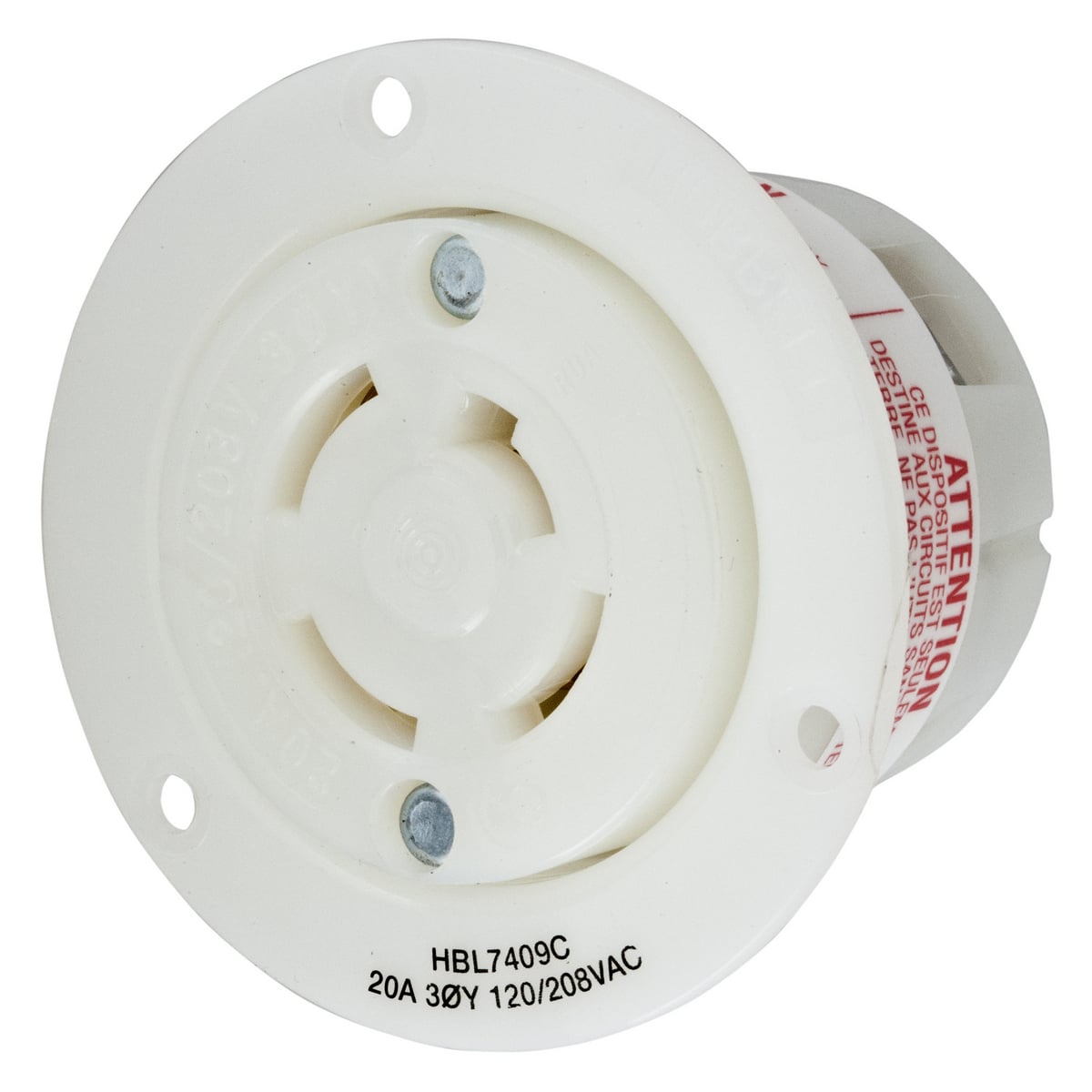 HBL7409C 3-Phase Flanged Non-Grounding Standard Single Screw Mount Locking Receptacle, 120Y/208 V AC, 20 A, 4 Poles, 4 Wires, White