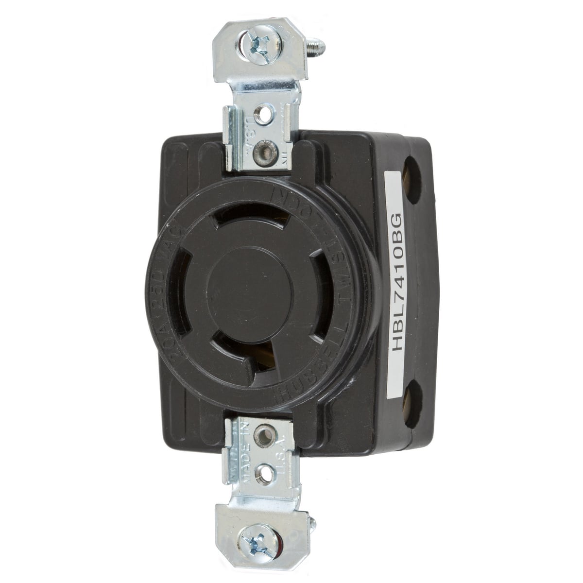 HBL7410BG 3-Phase Flush Mount Heavy Duty Non-Grounding Standard Single Screw Mount Locking Receptacle, 250 V AC, 20 A, 3 Poles, 4 Wires, Black