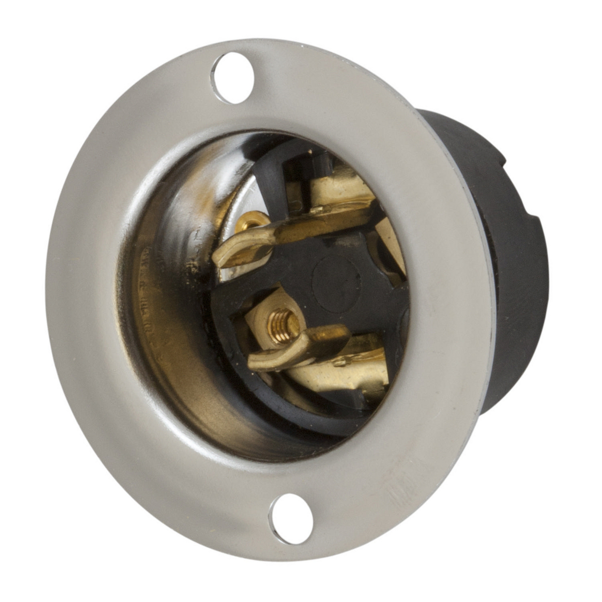 HBL7466 1-Phase Heavy Duty Midget Non-Grounding Screw Mount Locking Flanged Inlet, 125 V AC, 15 A, 2 Poles, 2 Wires, Black