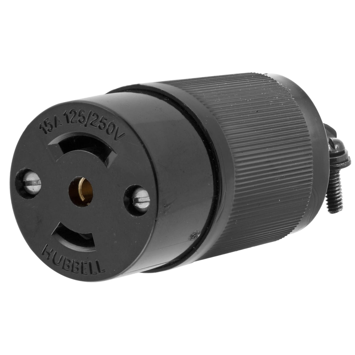 HBL7484 HBL Heavy Duty Isolated Non-Grounding Midget Locking Standard Cord Mount Female Connector, 125/250 V AC, 15 A, 3 Poles, 3 Wires, Black