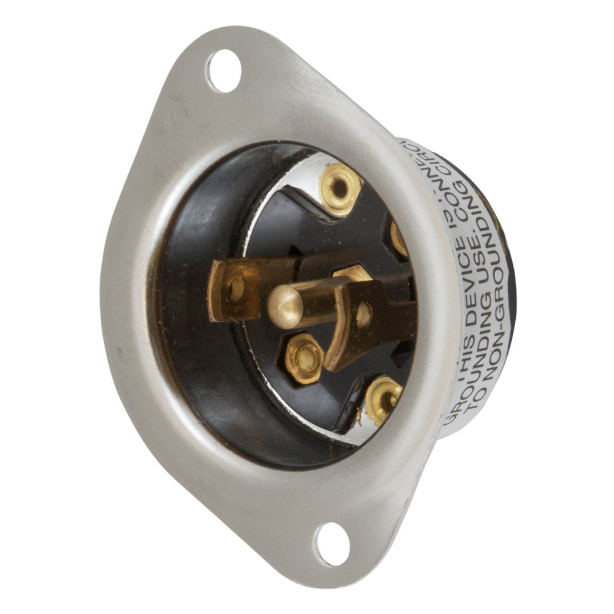 HBL7486 HBL 1-Phase Heavy Duty Midget Non-Grounding Screw Mount Locking Flanged Inlet, 125/250 V AC, 15 A, 3 Poles, 3 Wires, Black/Stainless