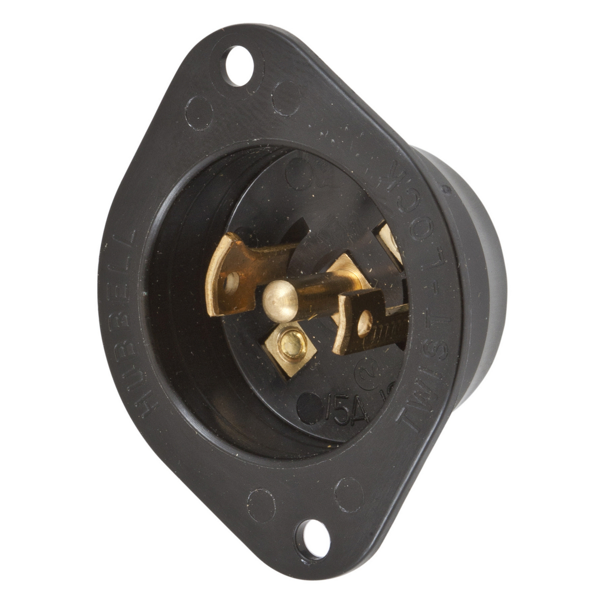 HBL7486N 1-Phase Non-Grounding Standard Screw Mount Locking Flanged Inlet, 125/250 V AC, 15 A, 3 Poles, 3 Wires, Black