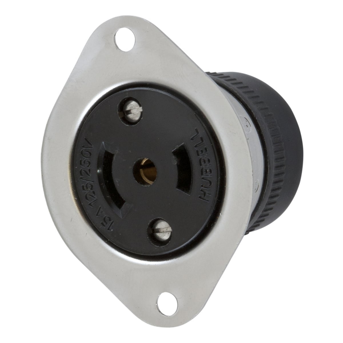 HBL7489 1-Phase Flanged Non-Grounding Standard Screw Mount Locking Receptacle, 125/250 V AC, 15 A, 3 Poles, 3 Wires, Black