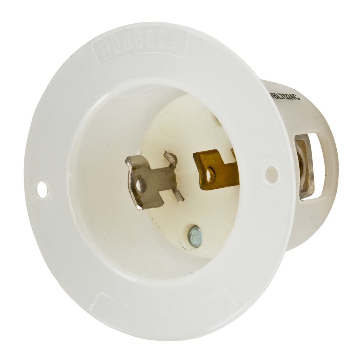 HBL7524C 1-Phase Extra Heavy Duty Non-Grounding Standard Screw Mount Locking Flanged Inlet, 125 V AC, 15 A, 2 Poles, 2 Wires, White