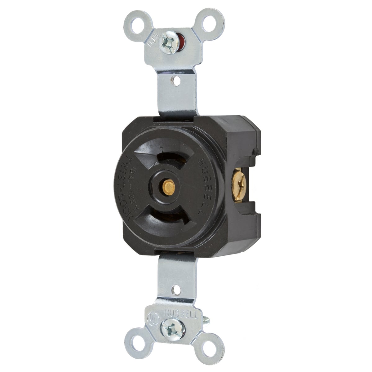 HBL7535 HBL 1-Phase Non-Grounding Standard Single Screw Mount Locking Receptacle, 125 V AC, 15 A, 2 Poles, 2 Wires, Black