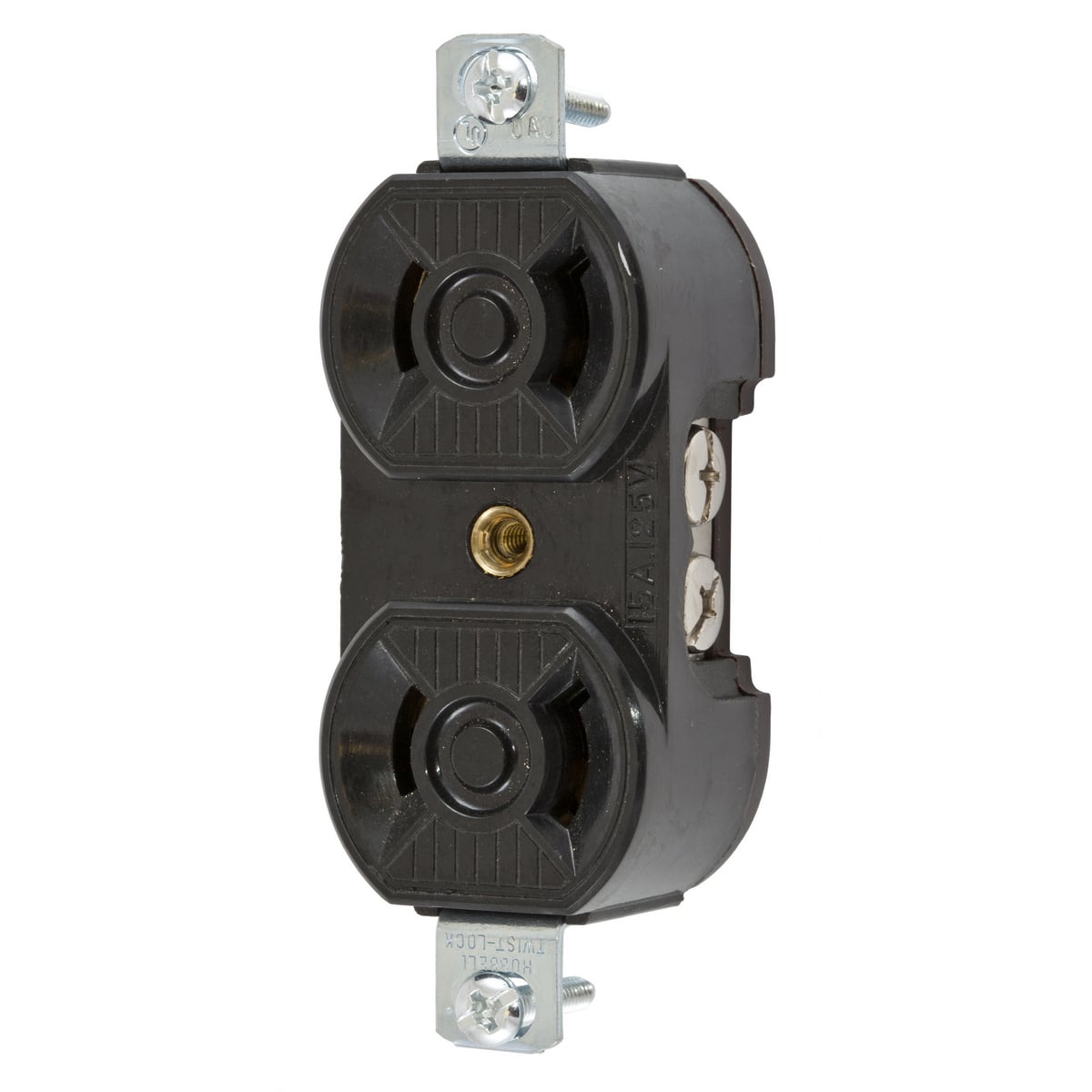 HBL7540 1-Phase Duplex Non-Grounding Standard Traditional Screw Mount Locking Receptacle, 125 V AC, 15 A, 2 Poles, 2 Wires, Black