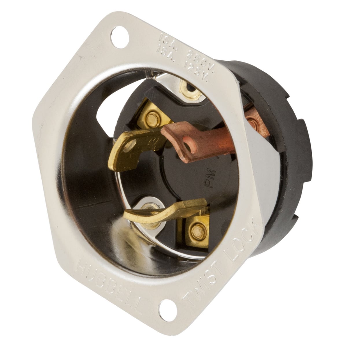 HBL7556 1-Phase Extra Heavy Duty Non-Grounding Standard Screw Mount Locking Flanged Inlet, 125/250 V AC, 10/15 A, 3 Poles, 3 Wires, Black