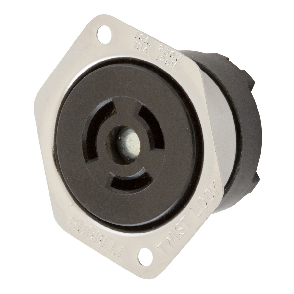 HBL7557 1-Phase Heavy Duty Non-Grounding Standard Screw Mount Locking Flanged Receptacle, 125/250 V AC, 10/15 A, 3 Poles, 3 Wires, Black