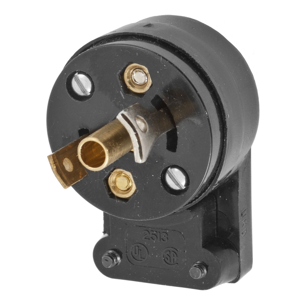 HBL7570 1-Phase Angled Grounding Male Midget Cord Mount Locking Plug, 125 V AC, 15 A, 2 Poles, 3 Wires, Black