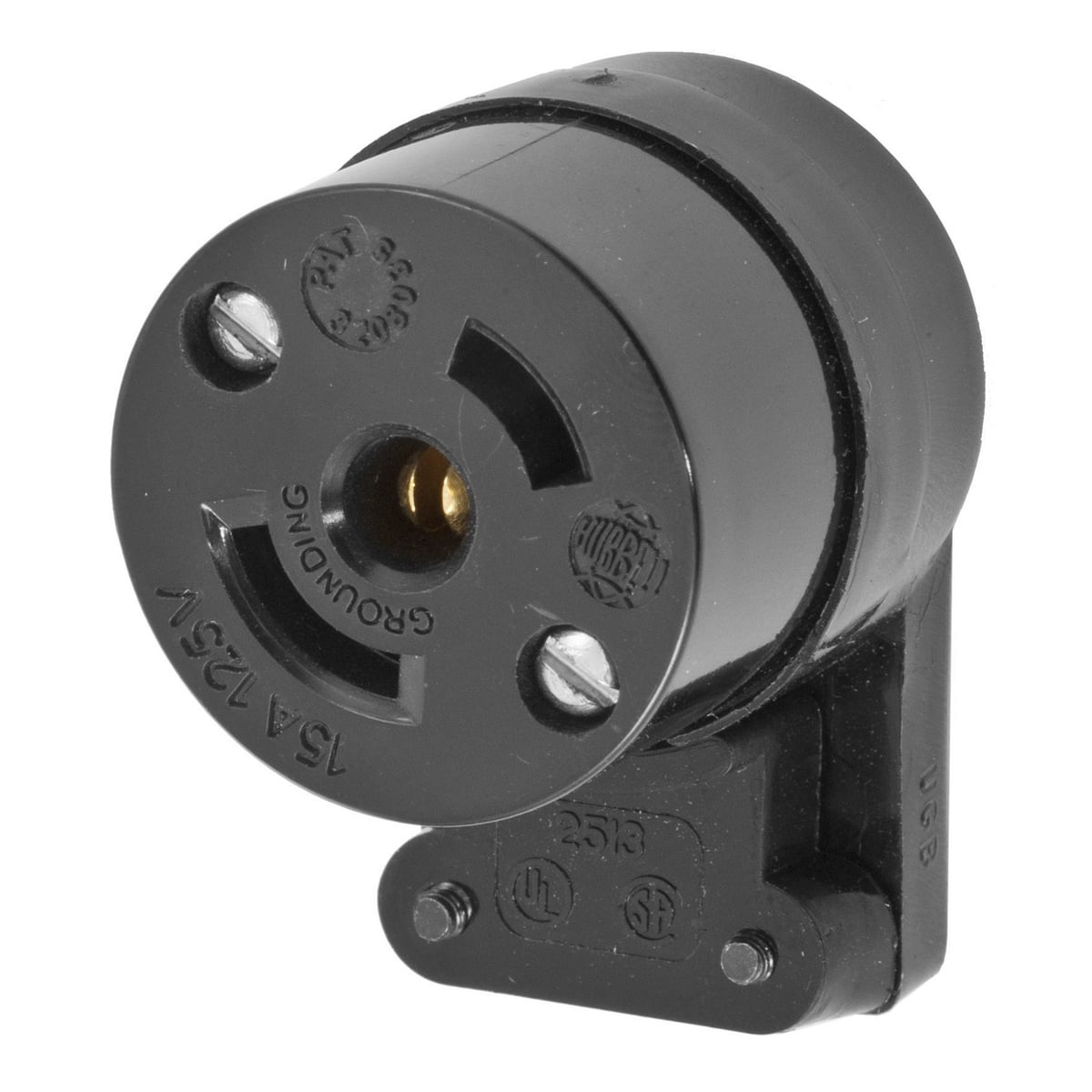 HBL7571 Female Grounding Heavy Duty Standard Cord Mount Locking Connector, 125 V AC, 15 A, 2 Poles, 3 Wires, Black