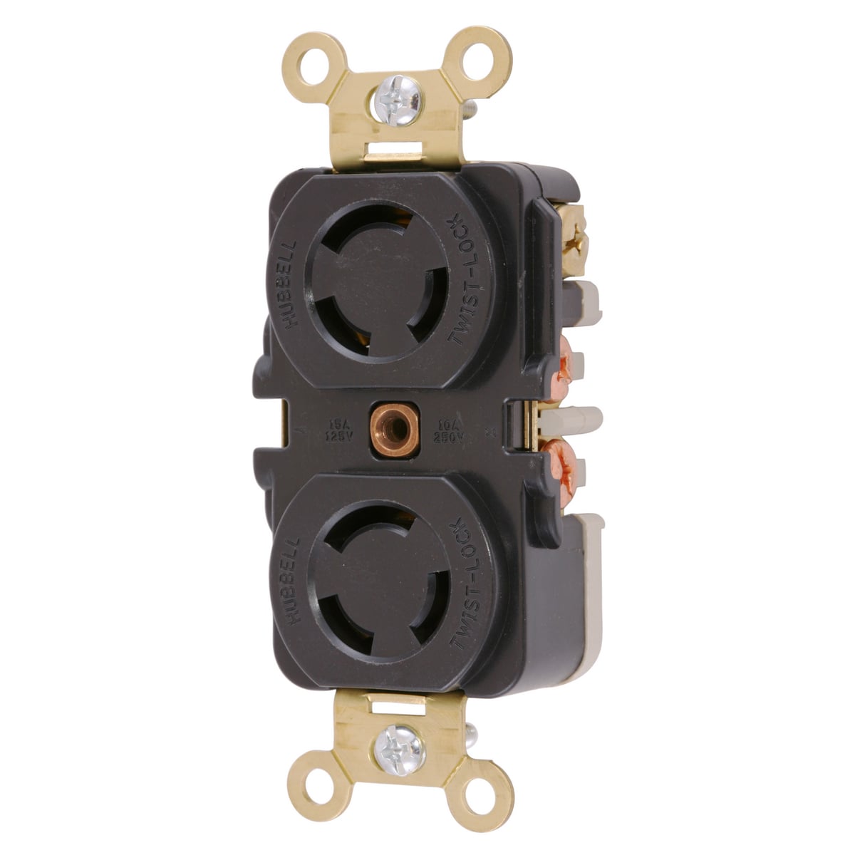 HBL7580 1-Phase Duplex Heavy Duty Non-Grounding Midget Standard Screw Mount Locking Receptacle, 125/250 V AC, 10/15 A, 3 Poles, 3 Wires, Black