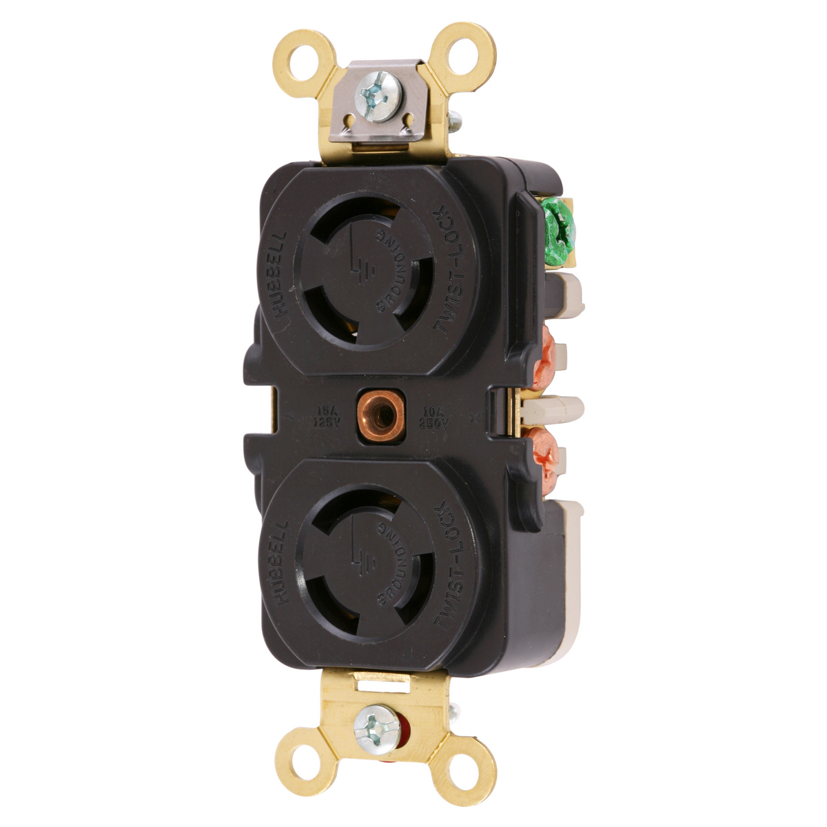 HBL7580G 1-Phase Duplex Grounding Midget Screw Mount Locking Receptacle, 125/250 V AC, 10/15 A, 2 Poles, 3 Wires, Black