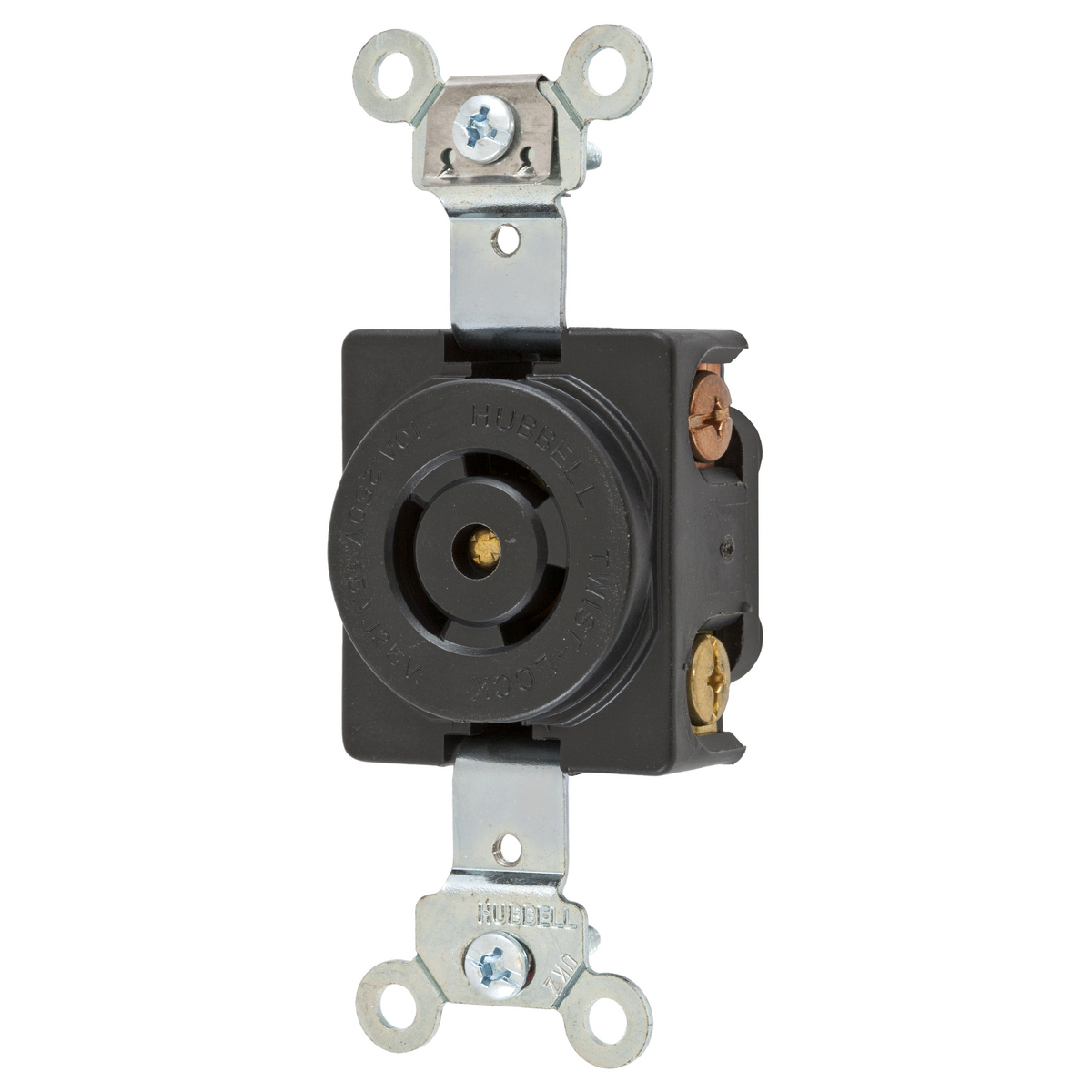 HBL7582G 1-Phase Grounding Standard Screw Mount Locking Receptacle, 125/250 V AC, 10/15 A, 2 Poles, 3 Wires, Black