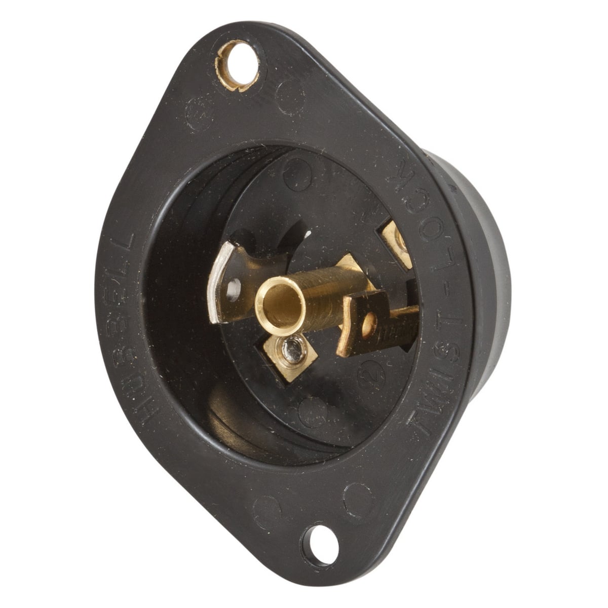 HBL7595N 1-Phase Heavy Duty Grounding Mid Gate Standard Screw Mount Locking Flanged Inlet, 125 V AC, 15 A, 2 Poles, 3 Wires, Black
