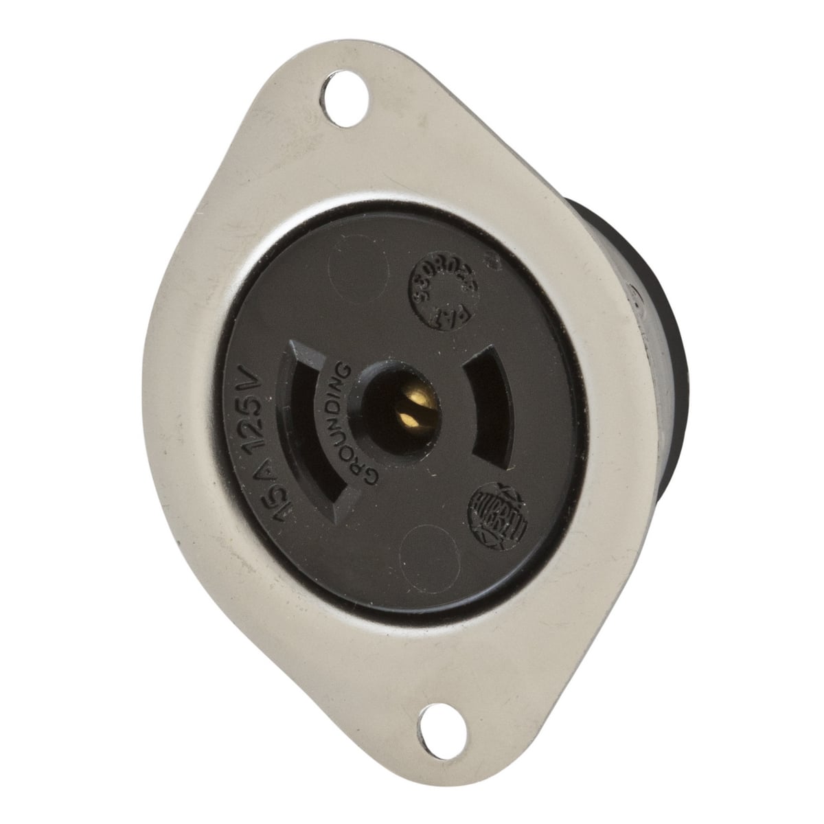 HBL7596 1-Phase Heavy Duty Grounding Mid Gate Standard Screw Mount Locking Flanged Receptacle, 125 V AC, 15 A, 2 Poles, 3 Wires, Black
