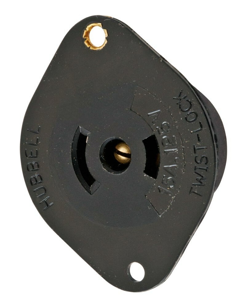 HBL7596N 1-Phase Flanged Heavy Duty Grounding Mid Gate Standard Screw Mount Locking Flanged Receptacle, 125 V AC, 15 A, 2 Poles, 3 Wires, Black