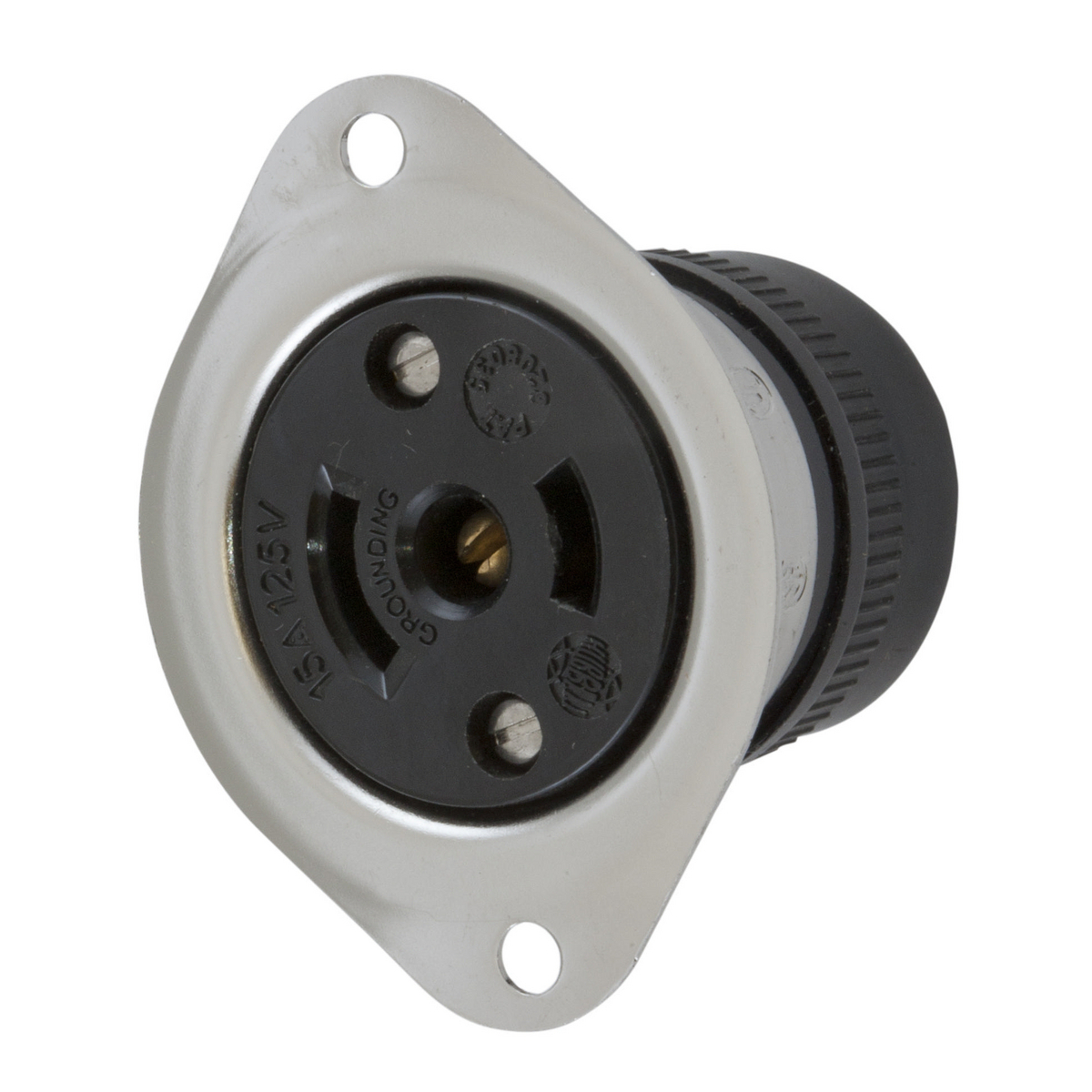 HBL7598 Locking Flanged Receptacle, 125 V AC, 15 A, 2 Poles, 3 Wires, Black