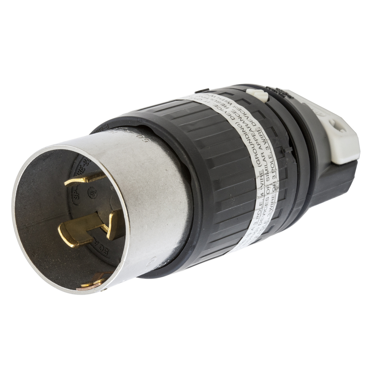 HBL7765C 1-Phase Grounding Male Cord Mount Locking Plug, 600 V AC/250 V DC, 50 A, 3 Poles, 4 Wires, Black/White