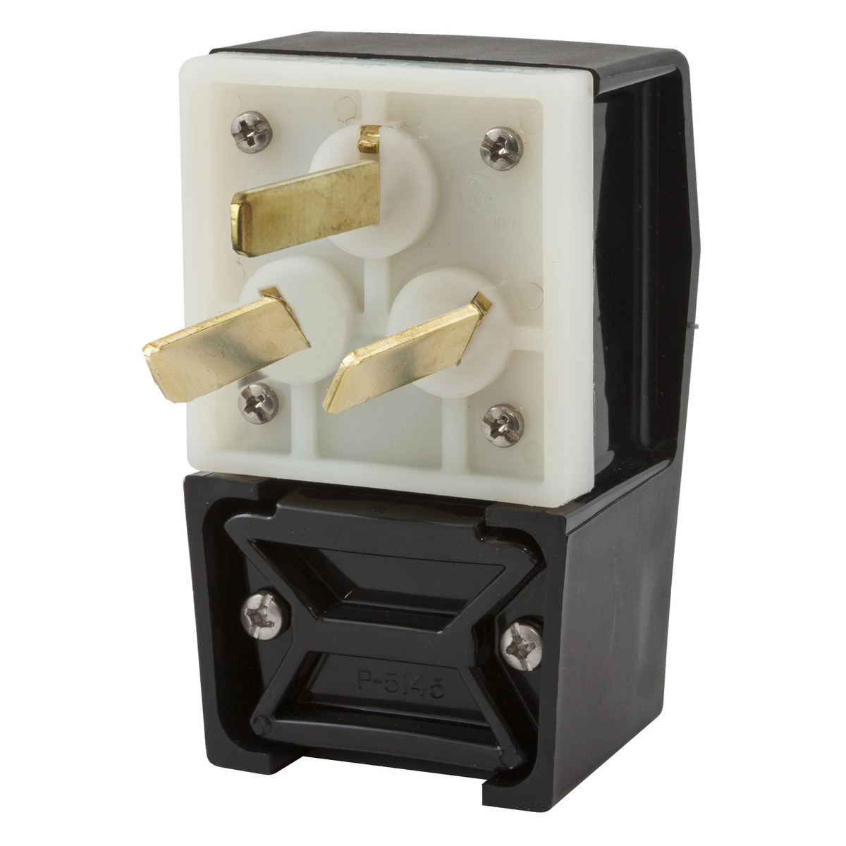 HBL7977 1-Phase Angled Heavy Duty Male Non-Grounding Cord Mount Straight Blade Plug, 125/250 V AC, 50 A, 3 Poles, 3 Wires, Black