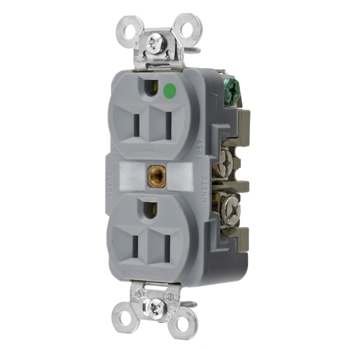 HBL8200GY 1-Phase Duplex Extra Heavy Duty Self-Grounding Standard Traditional Screw Mount Straight Blade Receptacle, 125 V AC, 15 A, 2 Poles, 3 Wires, Gray