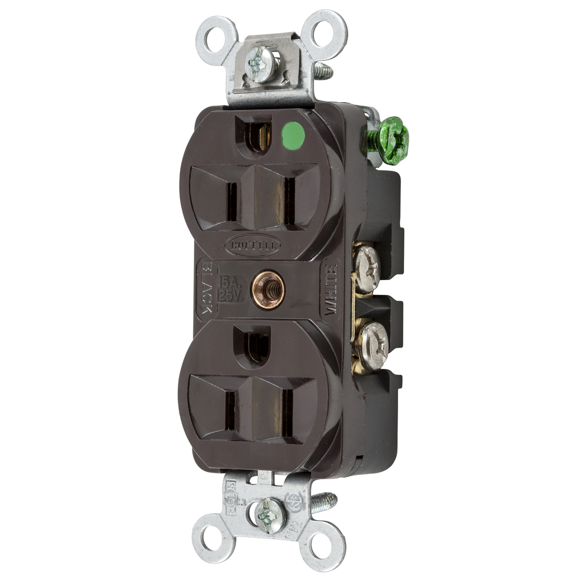 HBL8200H 1-Phase Duplex Extra Heavy Duty Self-Grounding Traditional Screw Mount Straight Blade Receptacle, 125 V AC, 15 A, 2 Poles, 3 Wires, Brown