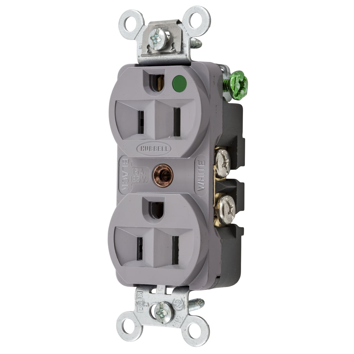 HBL8200HG 1-Phase Duplex Extra Heavy Duty Self-Grounding Traditional Screw Mount Straight Blade Receptacle, 125 V AC, 15 A, 2 Poles, 3 Wires, Gray