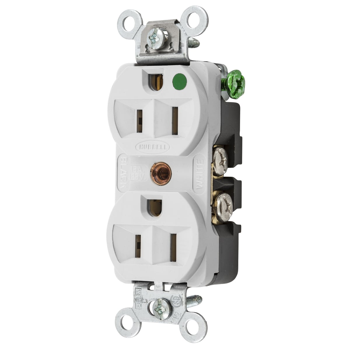 HBL8200HW HBL 1-Phase Compact Duplex Self-Grounding Screw Mount Straight Blade Receptacle, 125 V AC, 15 A, 2 Poles, 3 Wires, White