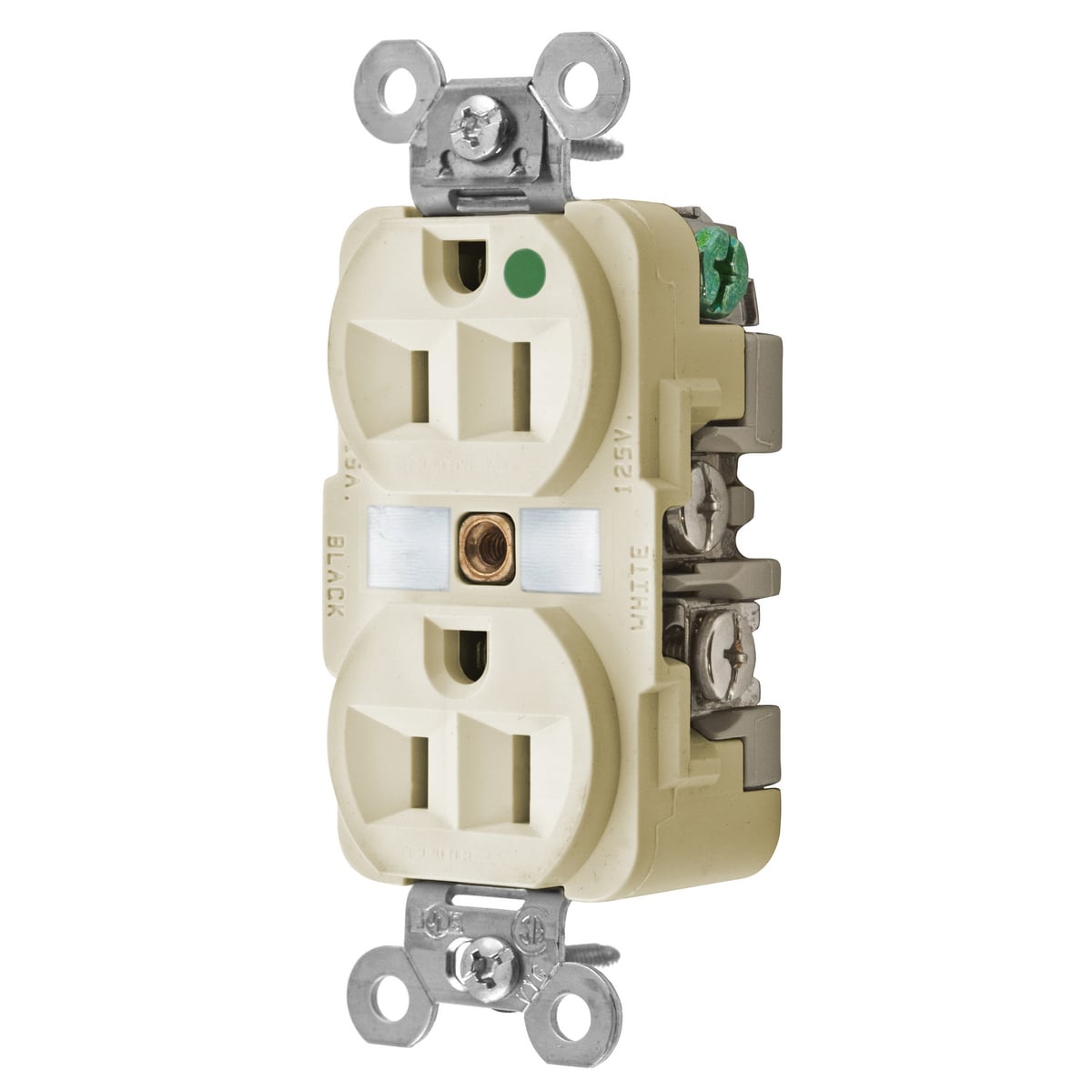 HBL8200I 1-Phase Duplex Extra Heavy Duty Self-Grounding Screw Mount Straight Blade Receptacle, 125 V AC, 15 A, 2 Poles, 3 Wires, Ivory