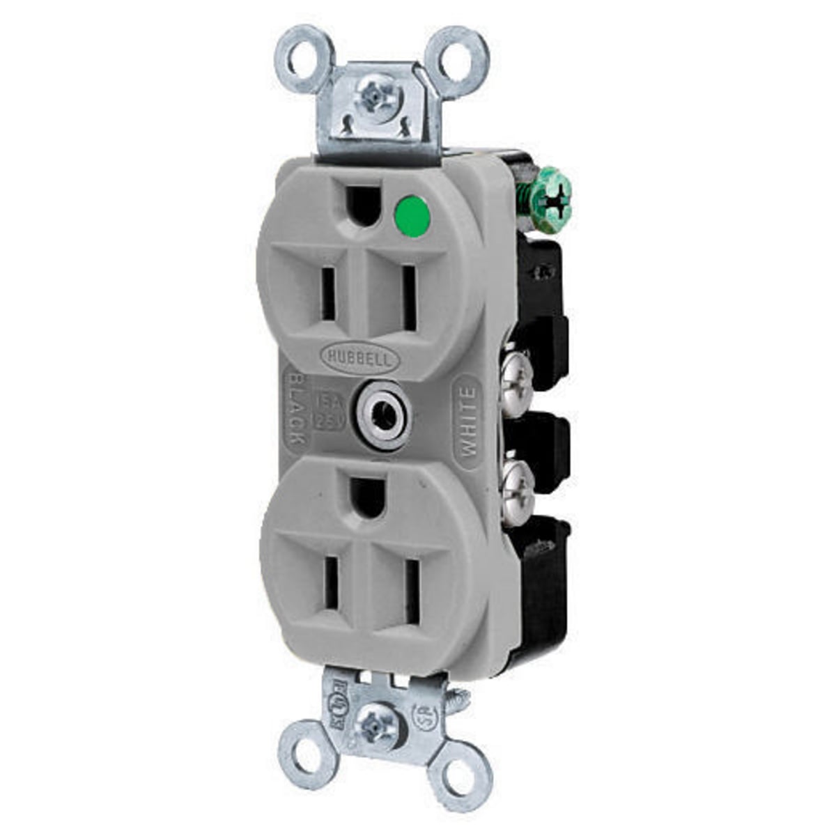 HBL8200ILGY 1-Phase Duplex Extra Grounding Heavy Duty Standard Sized Screw Mount Straight Blade Receptacle, 125 V AC, 15 A, 2 Poles, 3 Wires, Gray