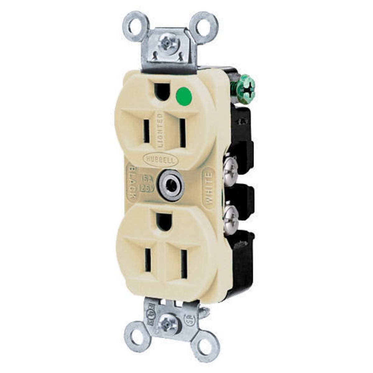 HBL8200ILI 1-Phase Duplex Extra Heavy Duty Standard Traditional Screw Mount Straight Blade Receptacle, 125 VAC, 15 A, 2 Poles, 3 Wires, Ivory
