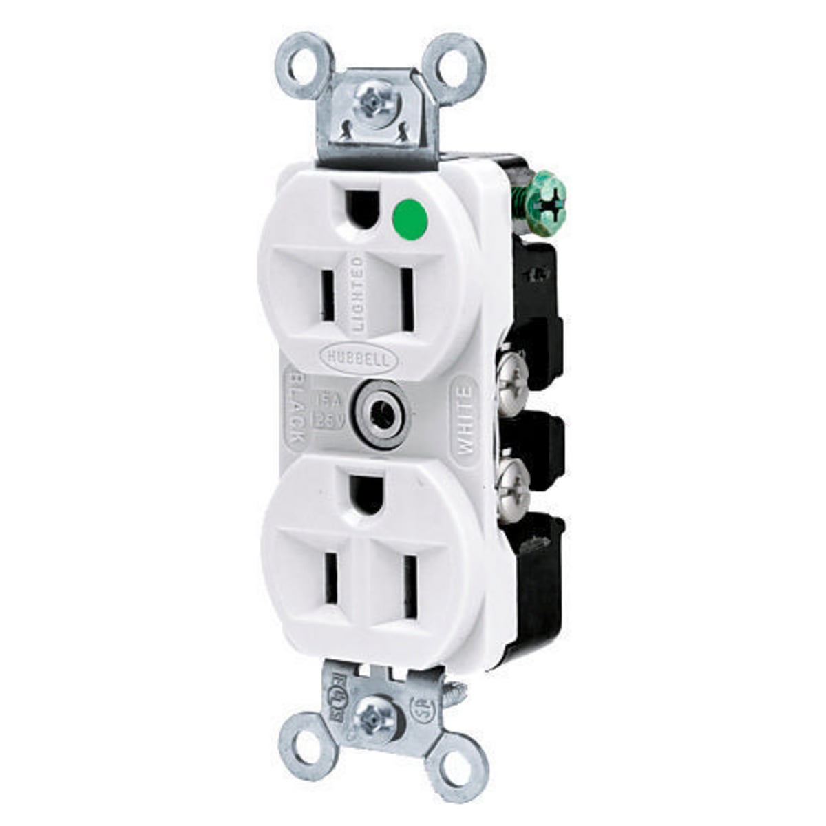 HBL8200ILW 1-Phase Duplex Extra Heavy Duty Standard Traditional Screw Mount Straight Blade Receptacle, 125 V AC, 15 A, 2 Poles, 3 Wires, White