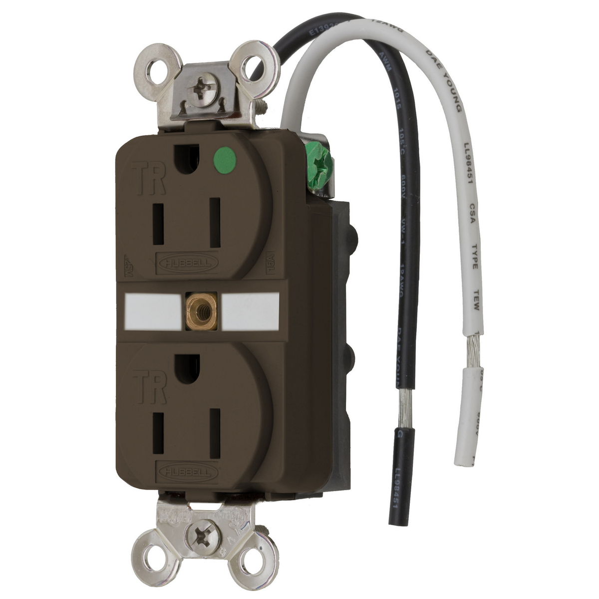 HBL8200SGA 1-Phase Duplex Extra Heavy Duty Standard Tamper-Resistant Traditional Screw Mount Straight Blade Receptacle, 125 V AC, 15 A, 2 Poles, 3 Wires, Brown