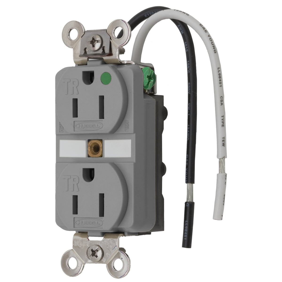 HBL8200SGGYA 1-Phase Duplex Extra Heavy Duty Grounding Standard Tamper-Resistant Traditional Screw Mount Straight Blade Receptacle, 125 VAC, 15 A, 2 Poles, 3 Wires, Gray