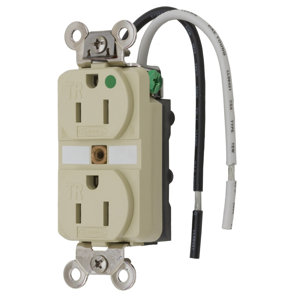 HBL8200SGIA 1-Phase Duplex Extra Heavy Duty Standard Tamper-Resistant Traditional Screw Mount Straight Blade Receptacle, 125 V AC, 15 A, 2 Poles, 3 Wires, Ivory