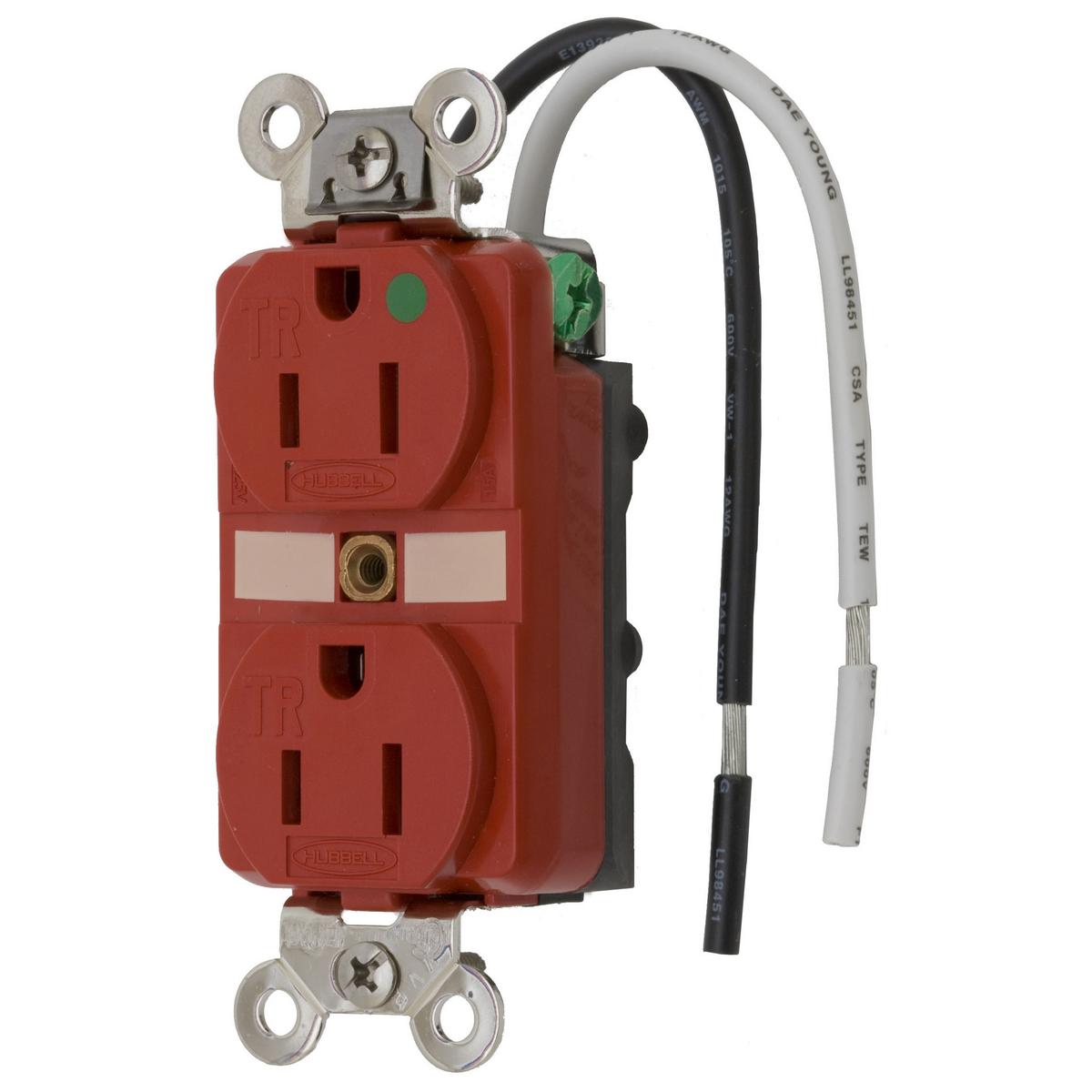 HBL8200SGRA 1-Phase Duplex Extra Heavy Duty Standard Tamper-Resistant Traditional Screw Mount Straight Blade Receptacle, 125 V AC, 15 A, 2 Poles, 3 Wires, Red
