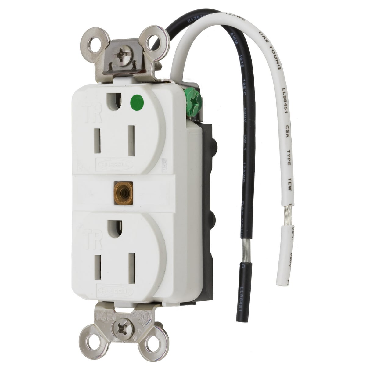 HBL8200SGWA 1-Phase Duplex Extra Heavy Duty Standard Tamper-Resistant Traditional Screw Mount Straight Blade Receptacle, 125 V AC, 15 A, 2 Poles, 3 Wires, White