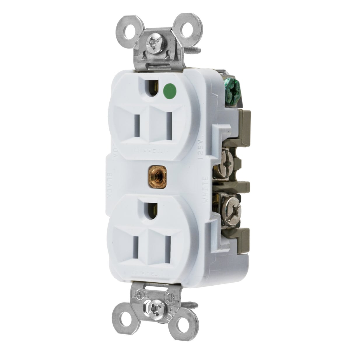 HBL8200W 1-Phase Duplex Extra Heavy Duty Self-Grounding Screw Mount Straight Blade Receptacle, 125 V AC, 15 A, 2 Poles, 3 Wires, White