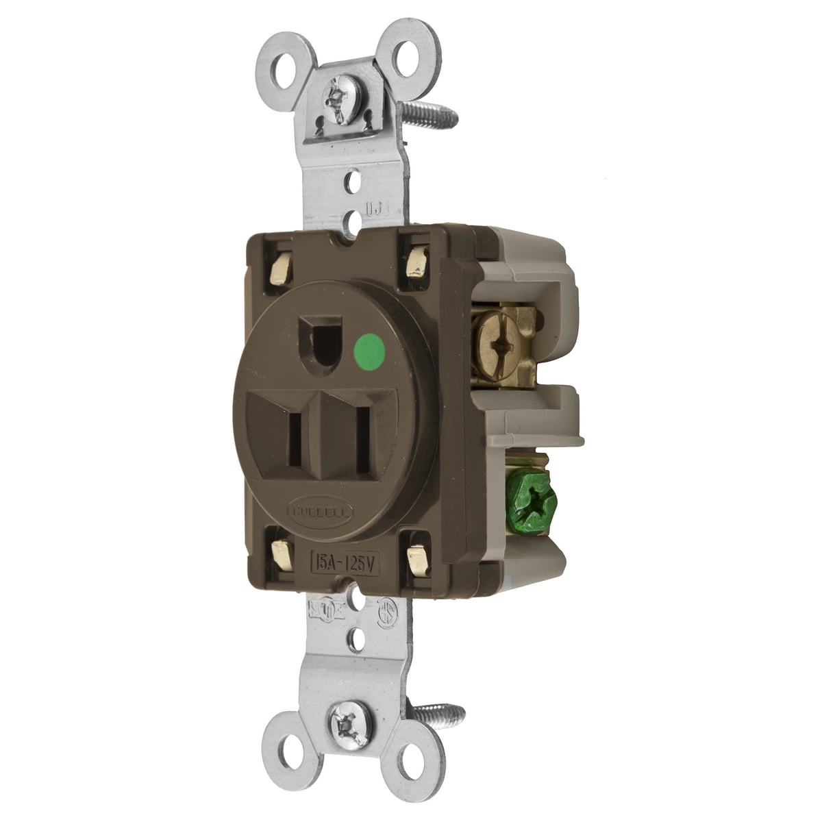 HBL8210 1-Phase Extra Heavy Duty Grounding Standard Sized Screw Mount Straight Blade Receptacle, 125 V AC, 15 A, 2 Poles, 3 Wires, Brown