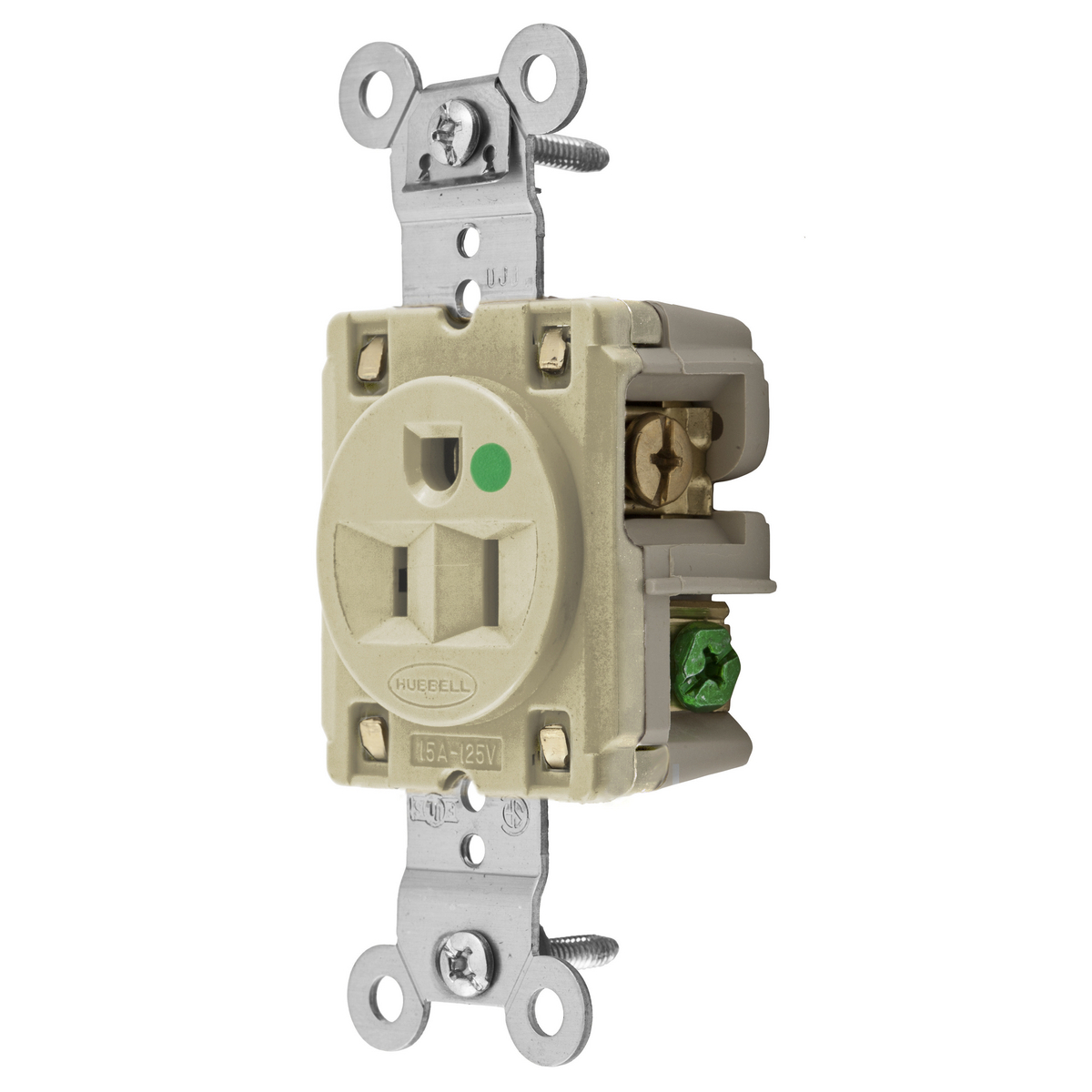 HBL8210I 1-Phase Extra Heavy Duty Self-Grounding Single Standard Screw Mount Straight Blade Receptacle, 125 V AC, 15 A, 2 Poles, 3 Wires, Ivory