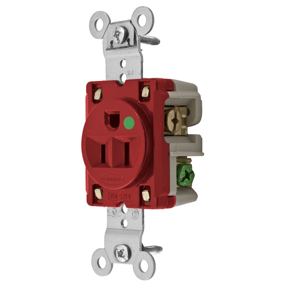 HBL8210R 1-Phase Extra Heavy Duty Self-Grounding Single Standard Screw Mount Straight Blade Receptacle, 125 V AC, 15 A, 2 Poles, 3 Wires, Red