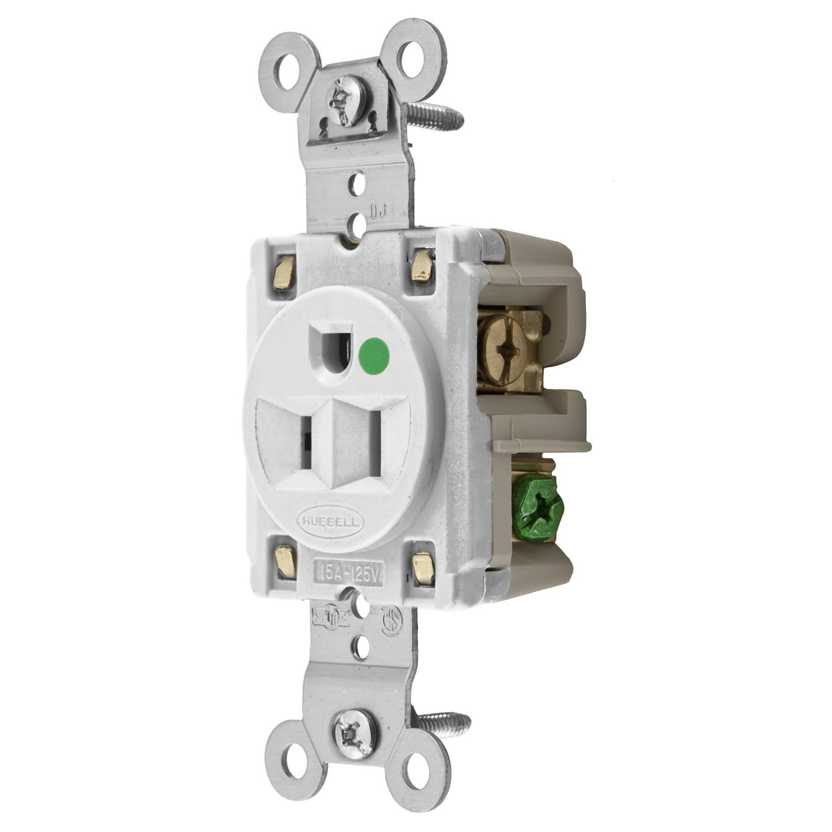 HBL8210W 1-Phase Extra Heavy Duty Single Self-Grounding Standard Screw Mount Straight Blade Receptacle, 125 V AC, 15 A, 2 Poles, 3 Wires, White