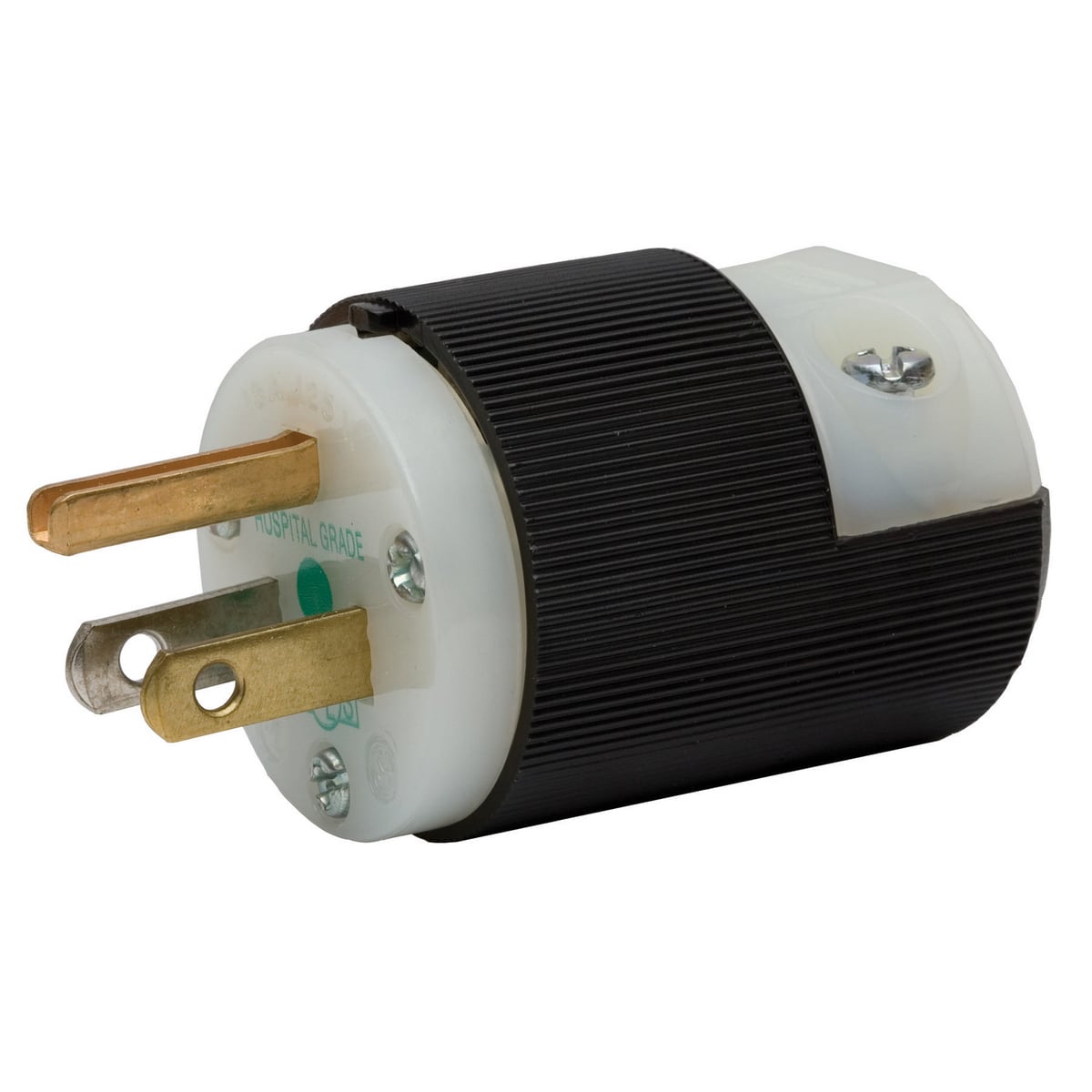 HBL8215C 1-Phase Grounding Male Standard Cord Mount Straight Blade Plug, 125 V AC, 15 A, 2 Poles, 3 Wires, Black/White