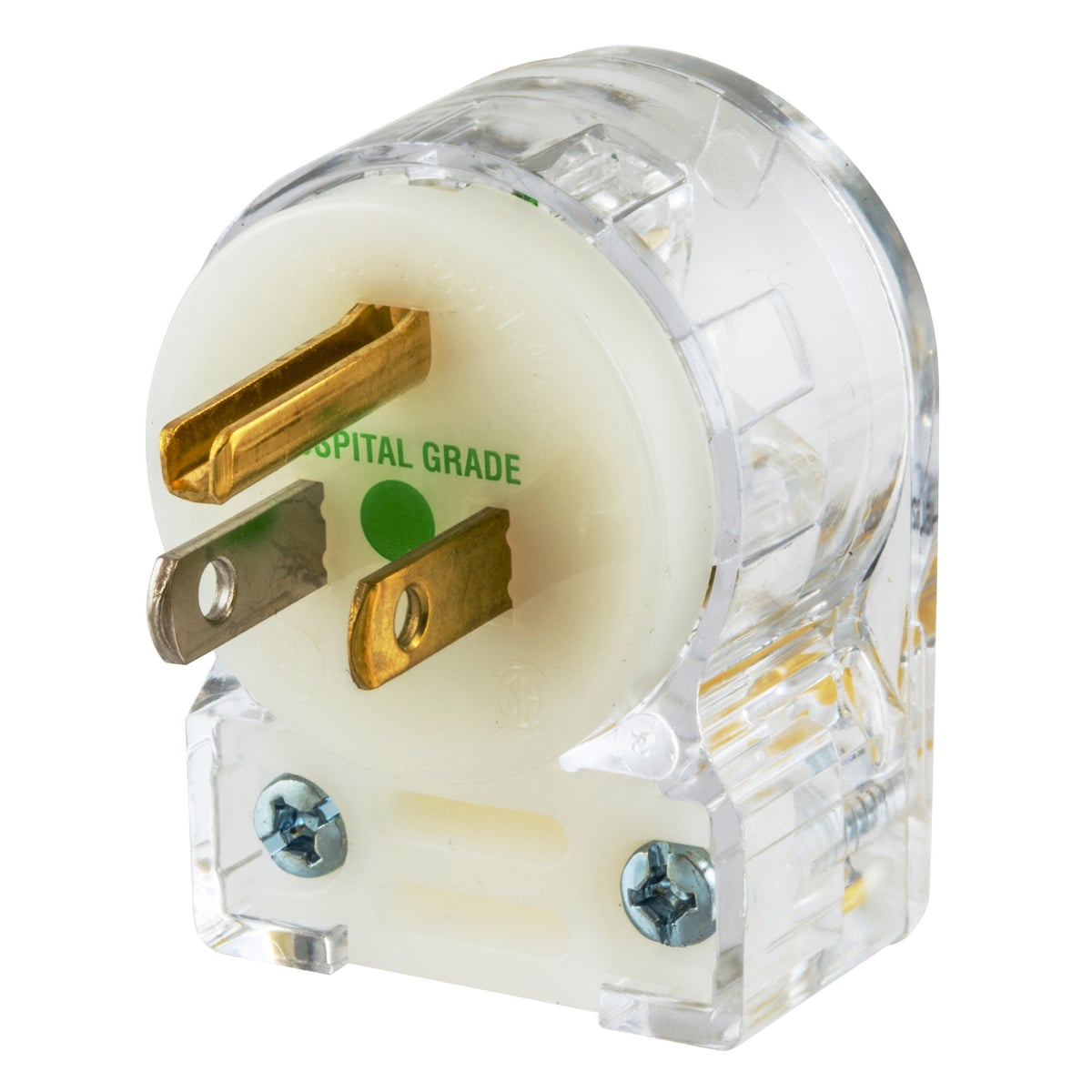 HBL8215CAT 1-Phase Angled Grounding Male Cord Mount Straight Blade Plug, 125 V AC, 15 A, 2 Poles, 3 Wires, Transparent