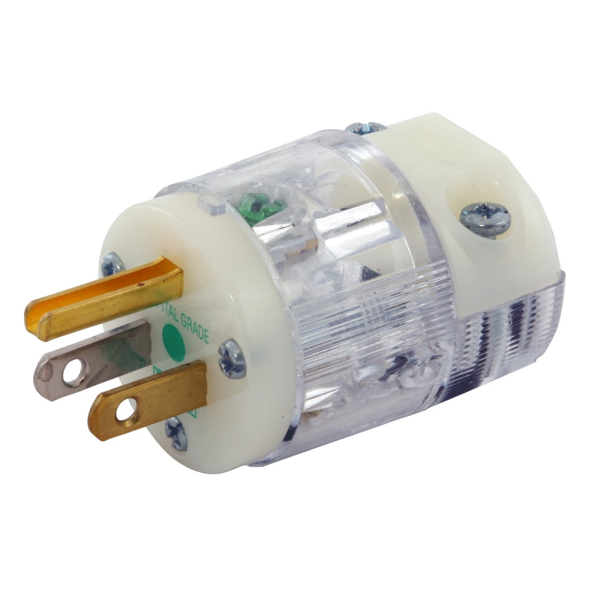 HBL8215CT 1-Phase Grounding Male Cord Mount Straight Blade Plug, 125 V AC, 15 A, 2 Poles, 3 Wires, Transparent