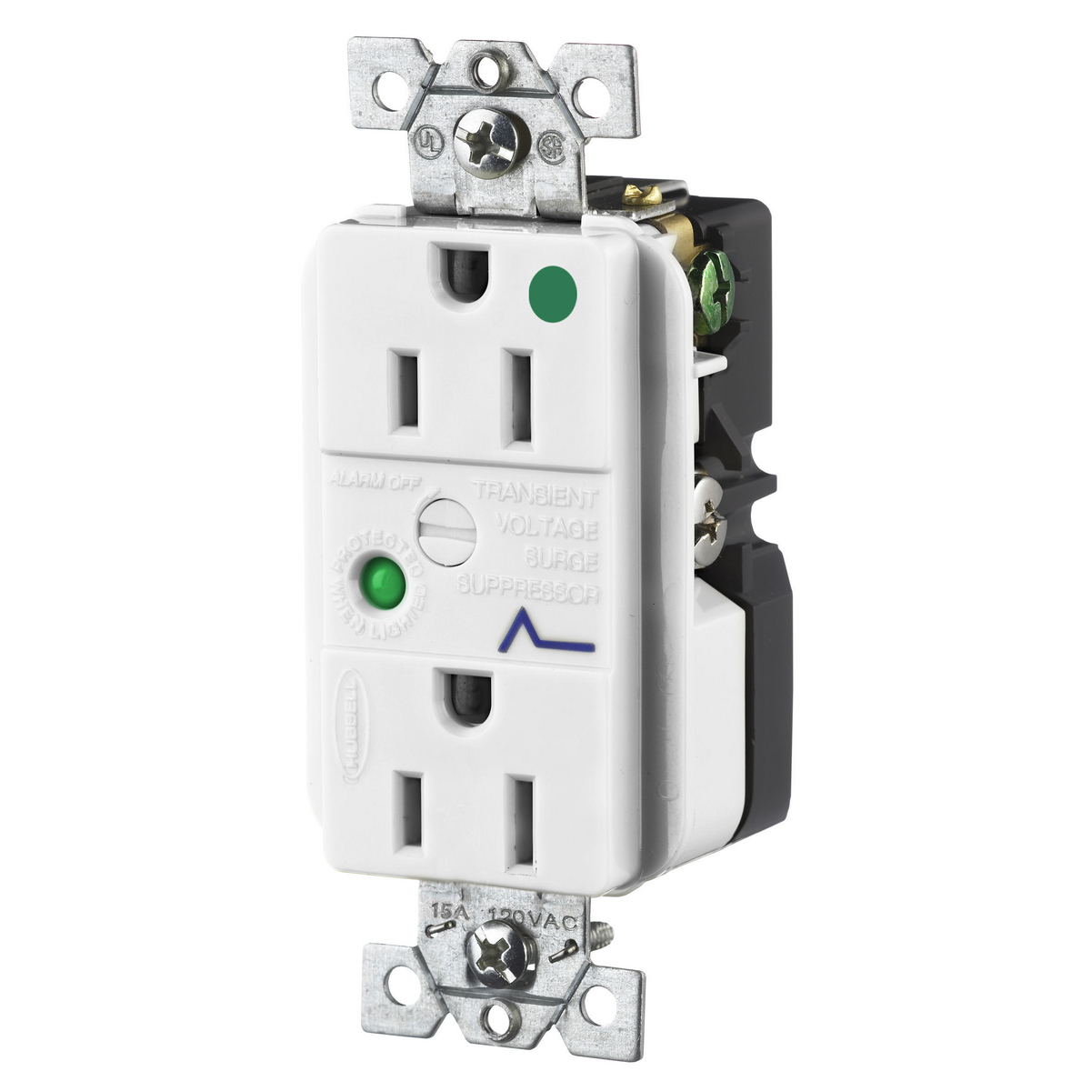 HBL8262WSA Decorator Duplex Hospital Grade Standard Surge Protection Receptacle, 125 VAC, 15 A, 60 Hz, 1 Phase