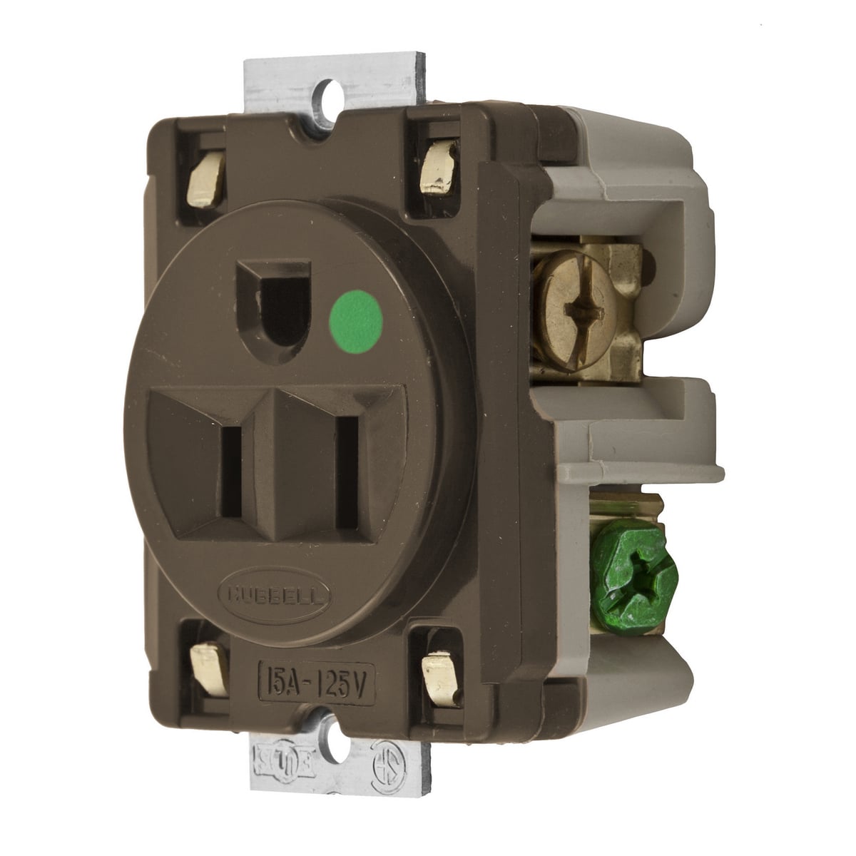 HBL8284 1-Phase Extra Heavy Duty Grounding Panel Mount Single Standard Panel Mount Straight Blade Receptacle, 125 V AC, 15 A, 2 Poles, 3 Wires, Brown