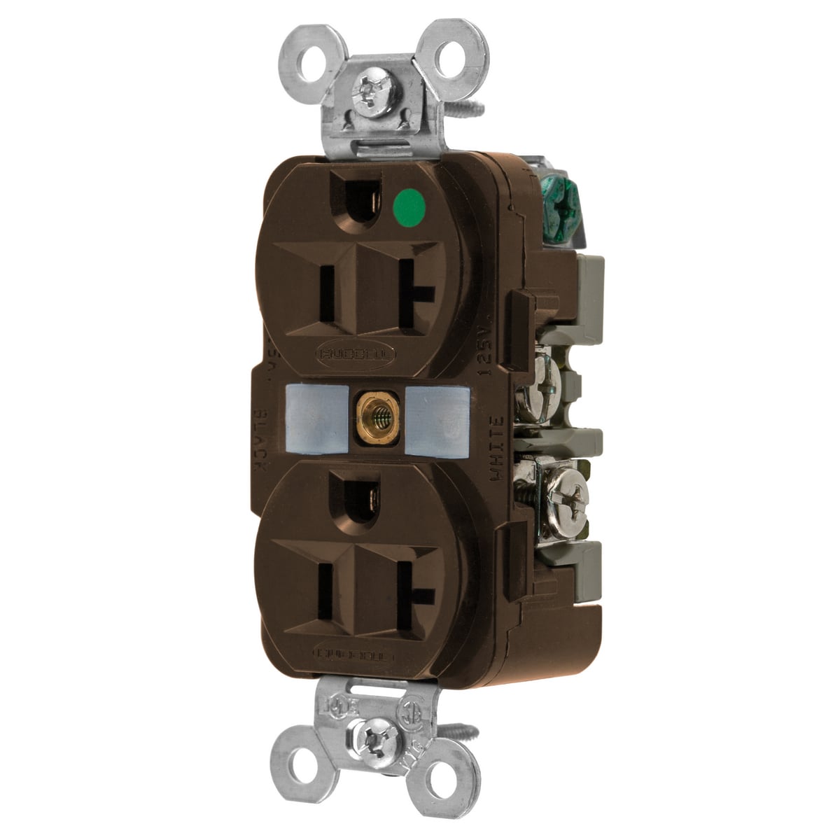 HBL8300 HBL 1-Phase Duplex Extra Grounding Heavy Duty Standard Sized Screw Mount Straight Blade Receptacle, 125 V AC, 20 A, 2 Poles, 3 Wires, Brown